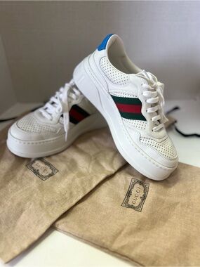 Gucci Women’s Chunky GG Web White Leather Sneaker Sz 37.5Eu/7.5US